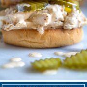 titled image shows alabama style shredded chicken sandwich