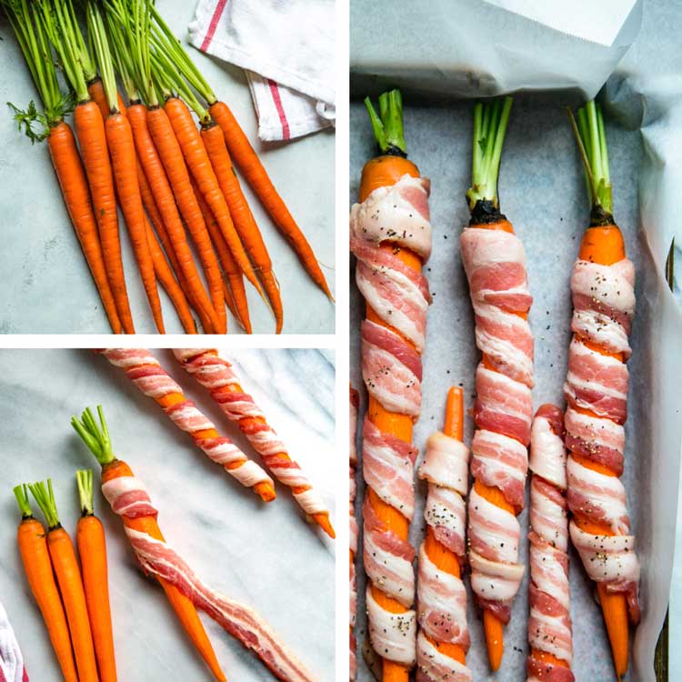 These Bacon Wrapped Carrots get sprinkled with black pepper and roasted, then basted with a maple Sriracha sauce until crispy. So easy and good! keviniscooking.com