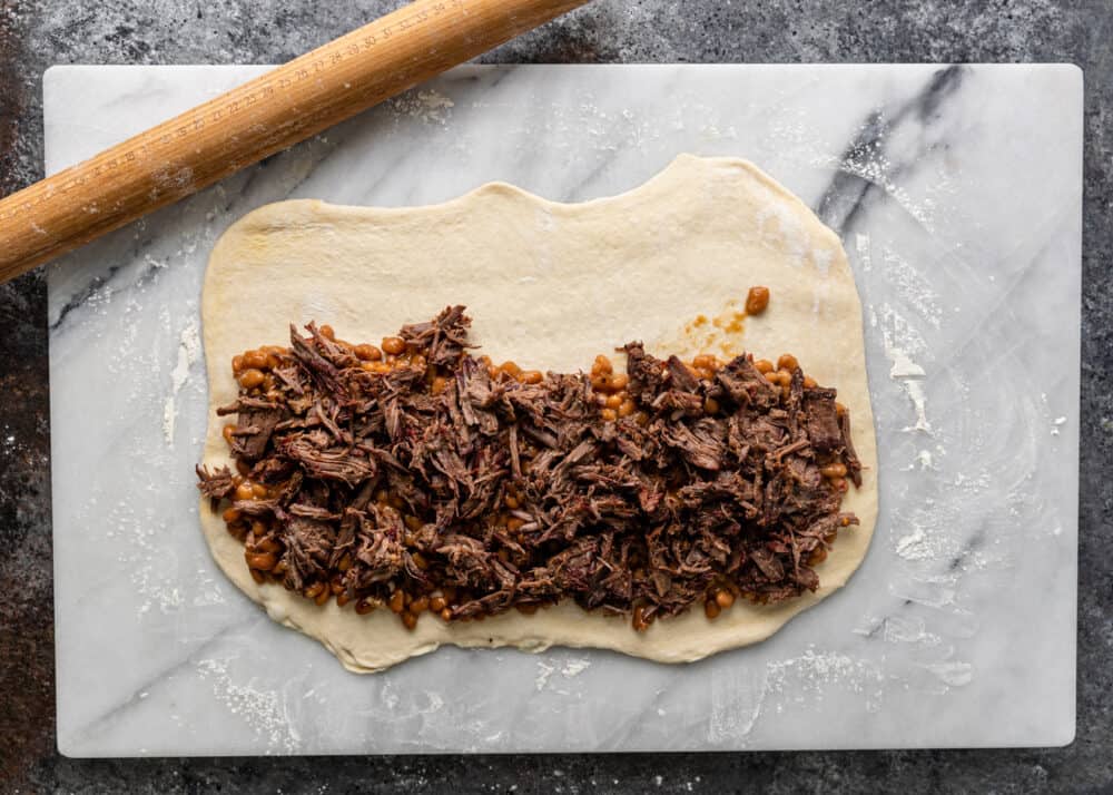 shredded bbq beef added to dough