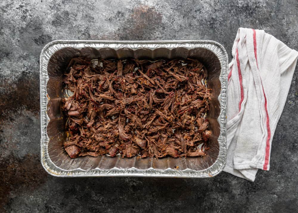 shredded bbq beef in pan