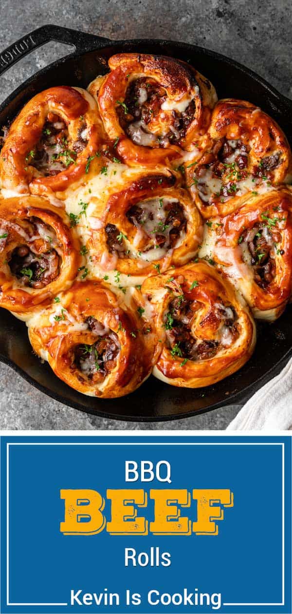 overhead view of skillet with bbq beef rolls