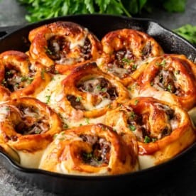 BBQ Beef Rolls in cast iron skillet