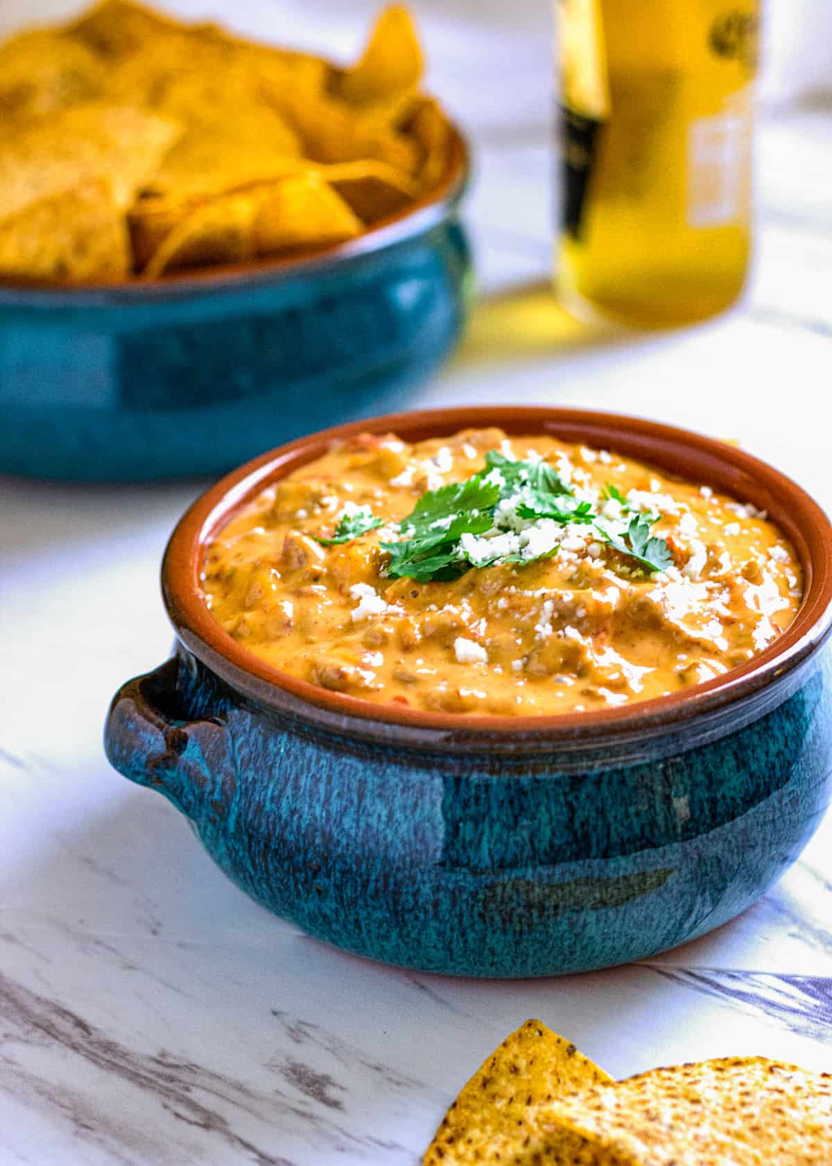 bowl with homemade Beef Queso Dip 