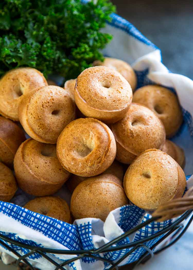 closeup of a basket full of Brazilian cheese bread