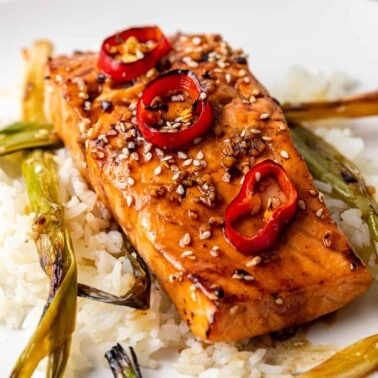 close up: salmon filet with garnish of sesame seeds and Fresno chile slices