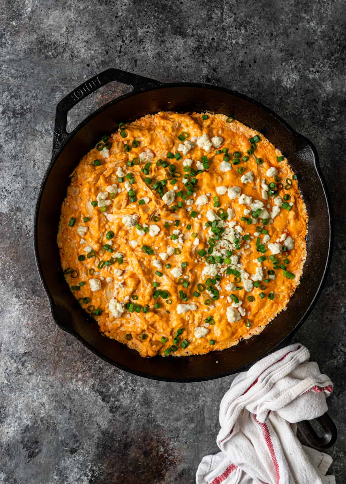 Buffalo Chicken Dip in a cast iron skillet