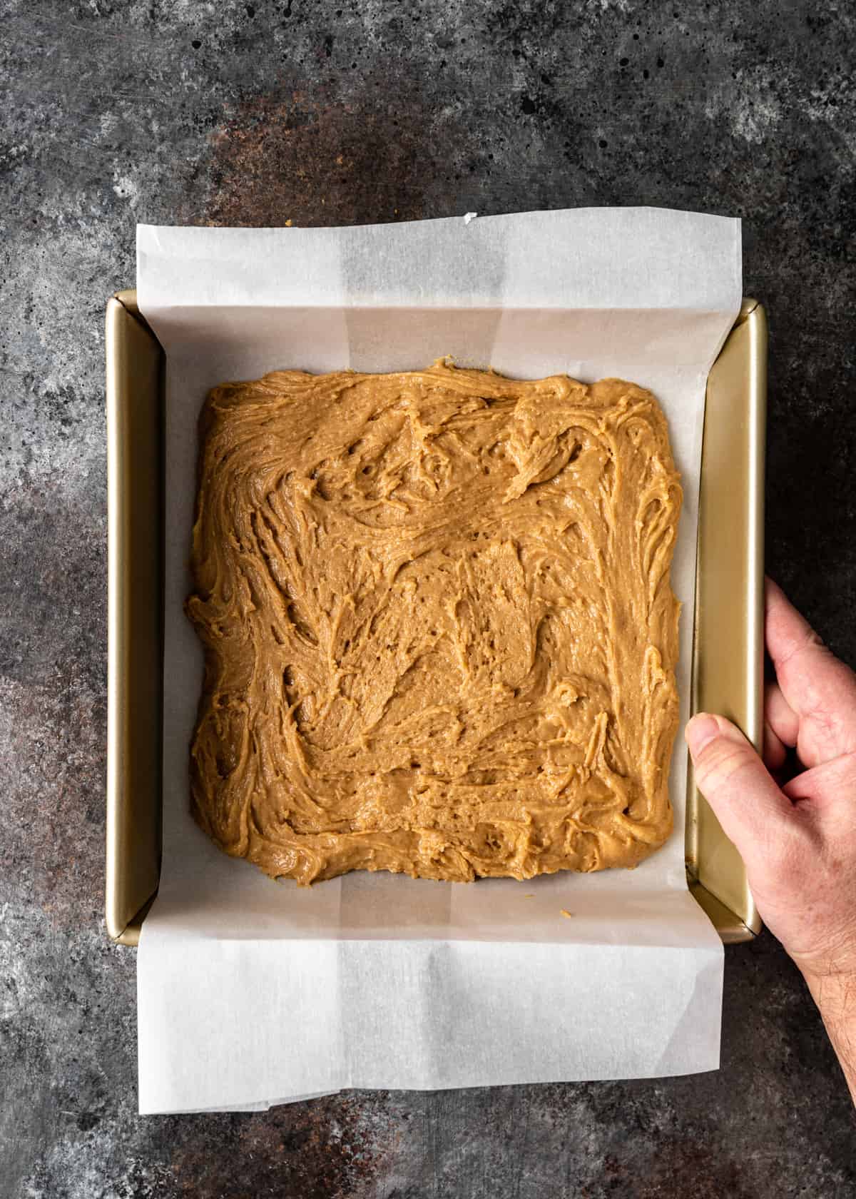 pan with butterscotch blondies batter