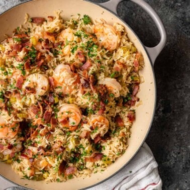 overhead photo: cajun shrimp and rice in large pot