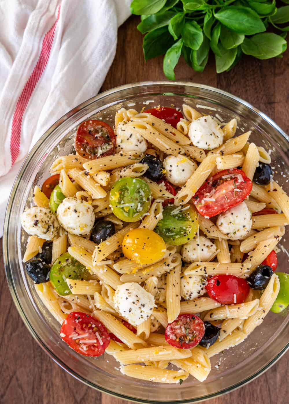 Caprese Pasta Salad in a glass bowl