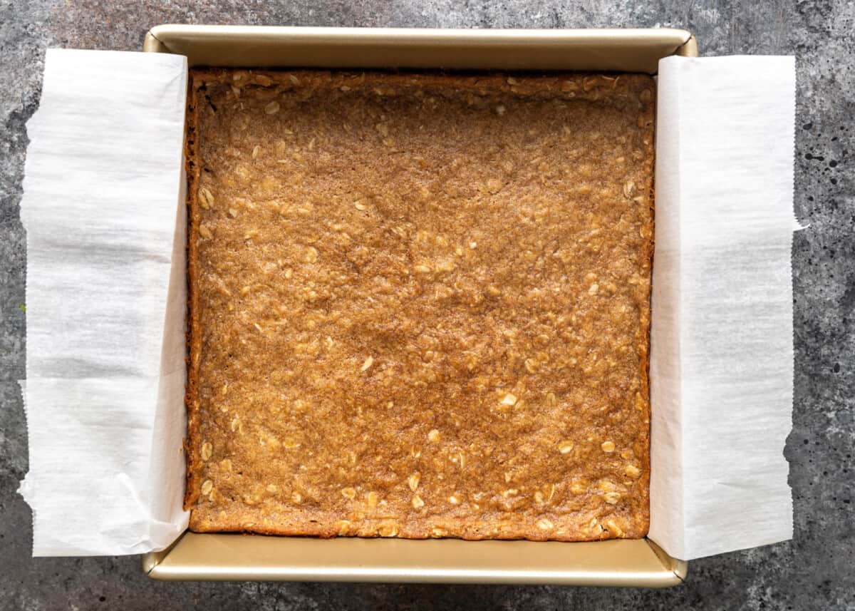 overhead: carmelitas batter baked 10 minutes in a baking pan