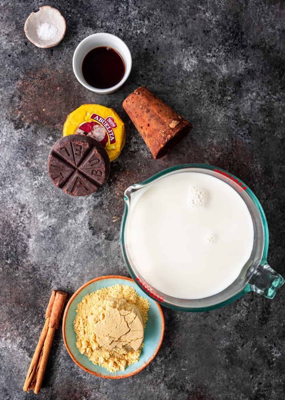 overhead: ingredients to make chocolate atole recipe