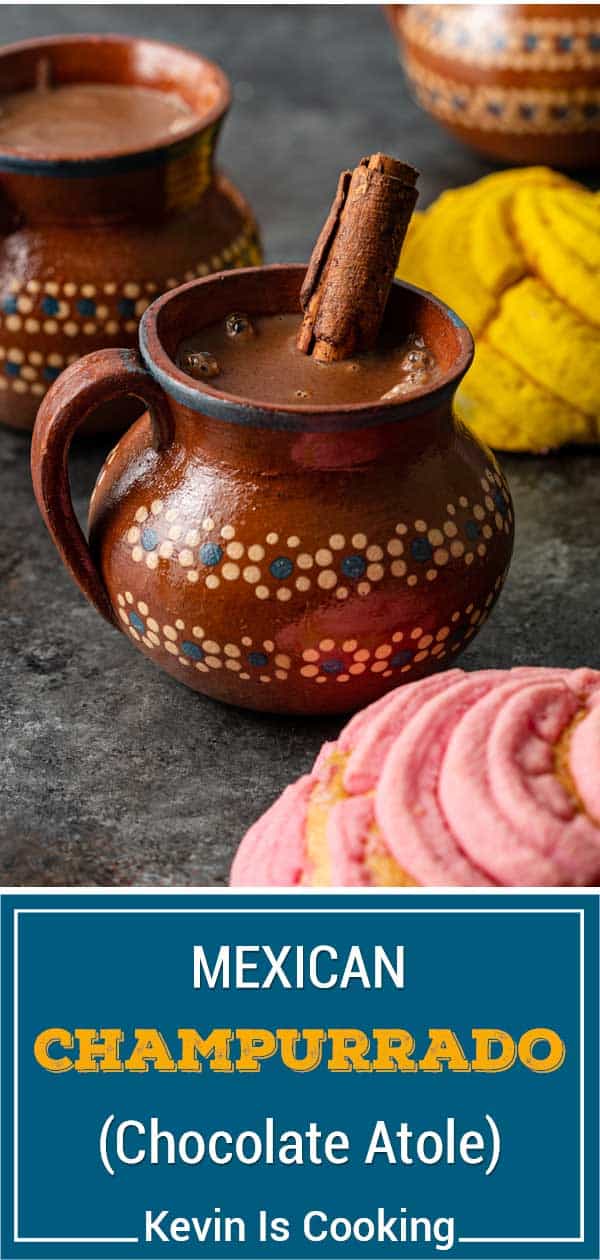 titled image shows mug of hot champurrado with whole cinnamon stick