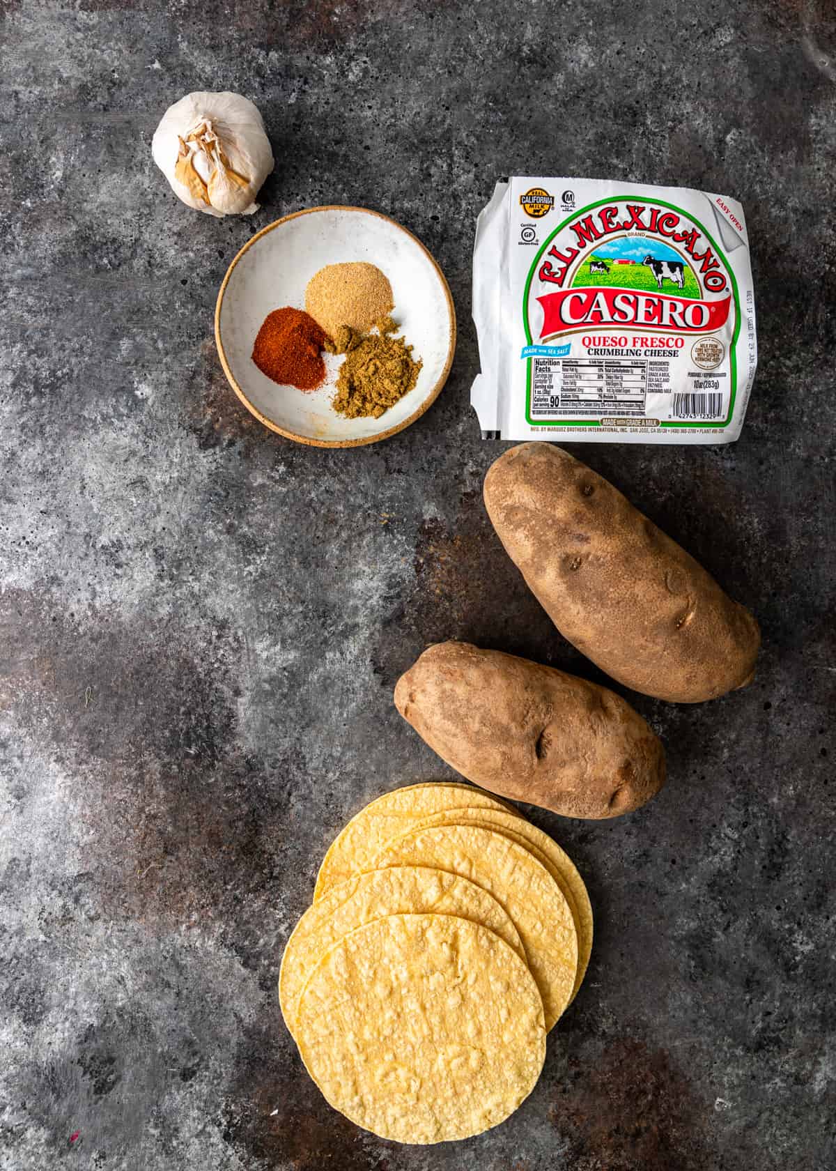 overhead: ingredients needed for this potato taco recipe