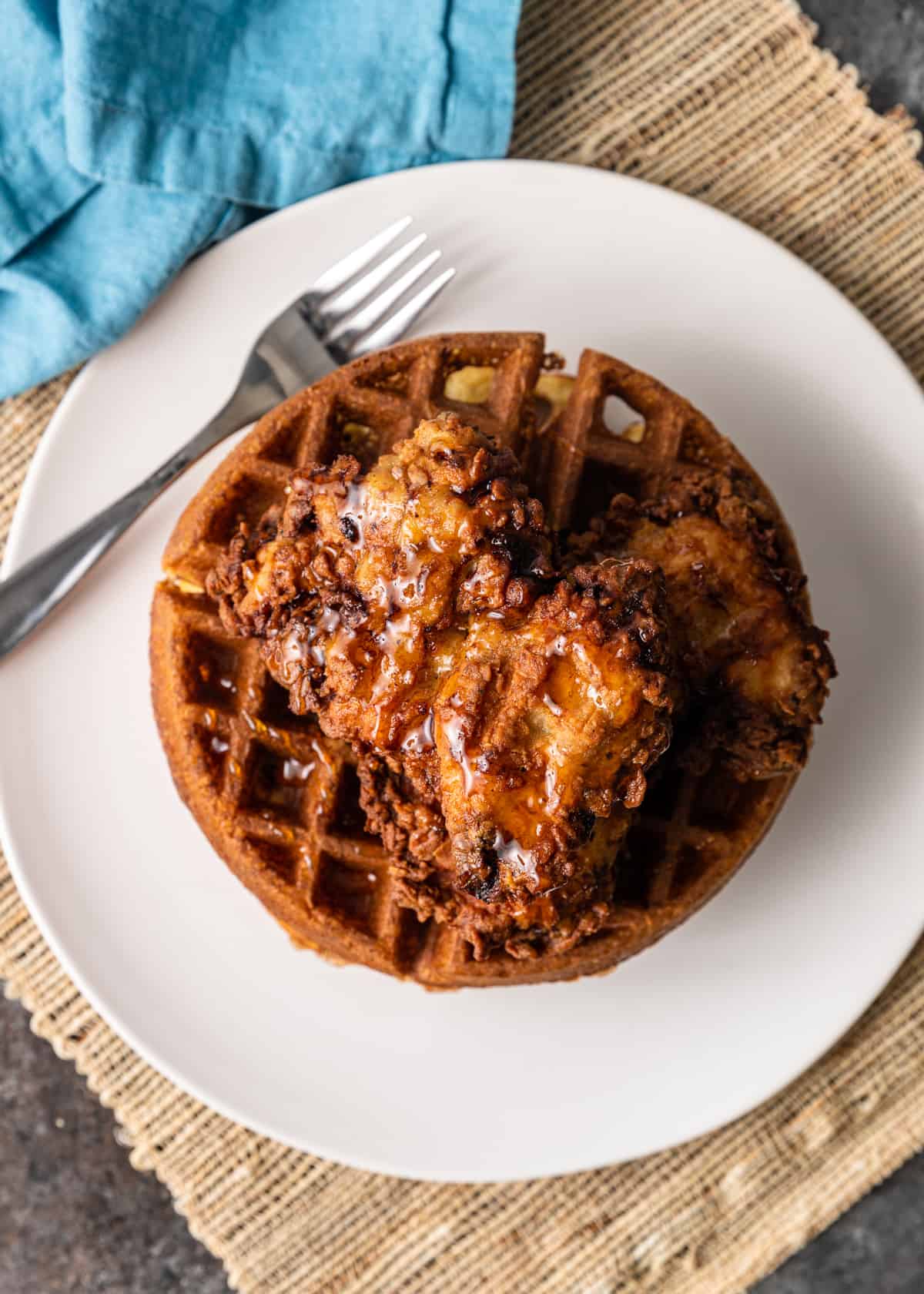 overhead view of chicken and waffles