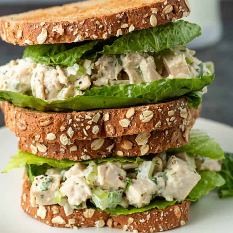 rotisserie chicken salad with crisp romaine lettuce on wheat toast