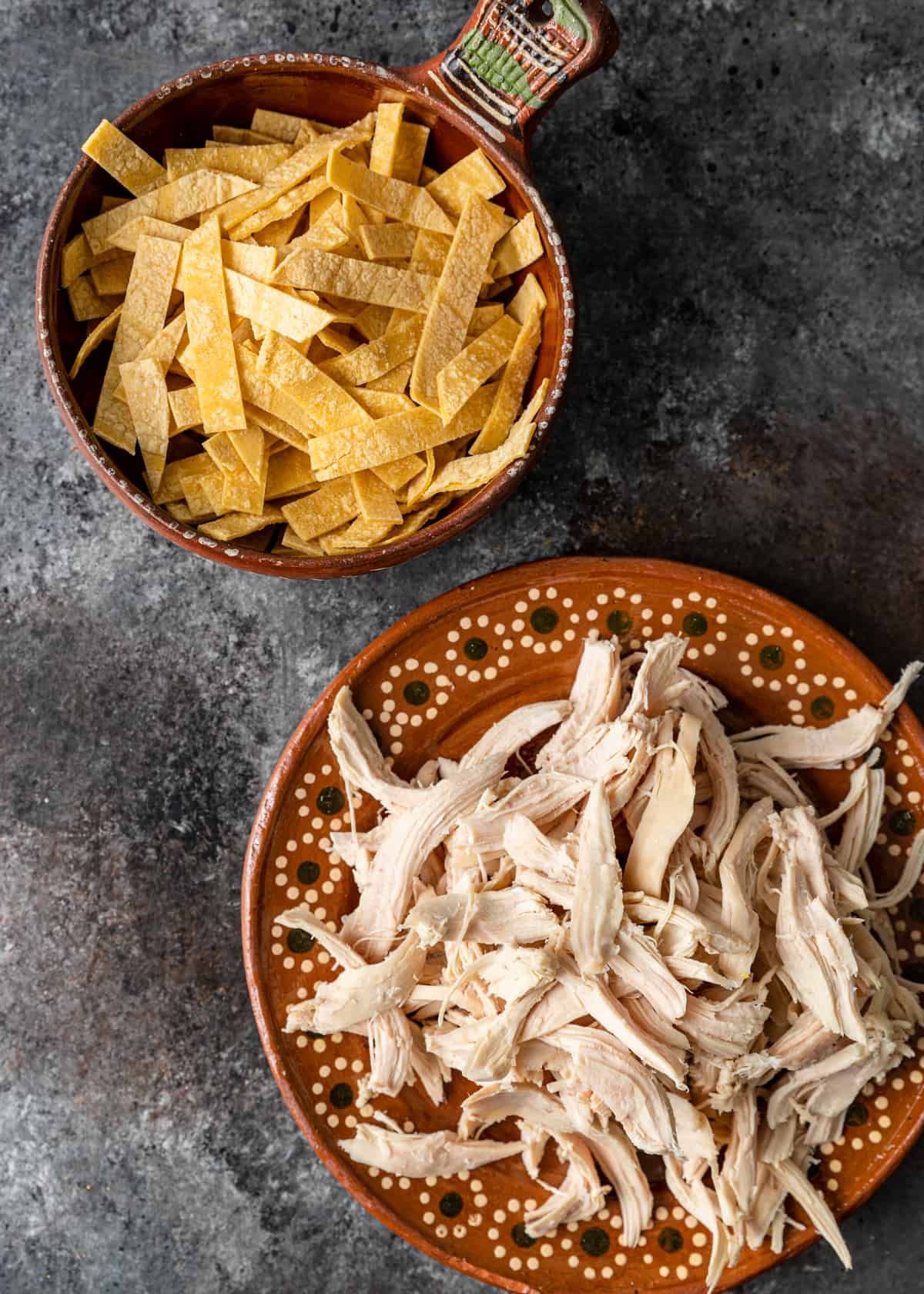 sliced tortillas and shredded chicken