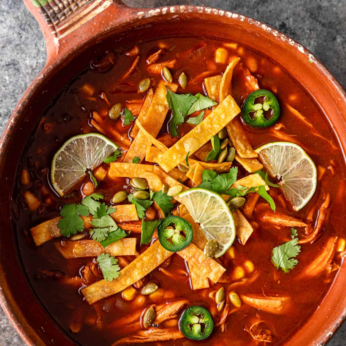 overhead shot of bowl of Chicken Tortilla Soup