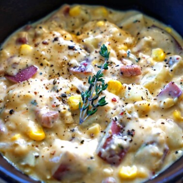 A close up of a bowl of chipotle corn chowder