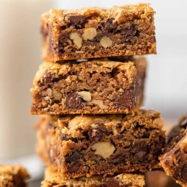 stack of square cut chocolate chip blondies