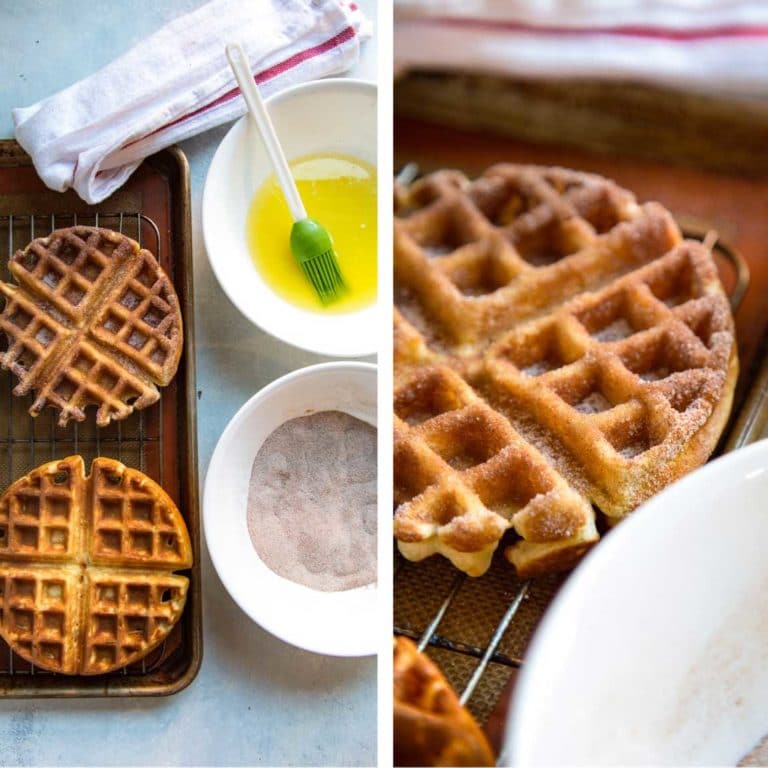 coating waffles with cinnamon sugar, and butter