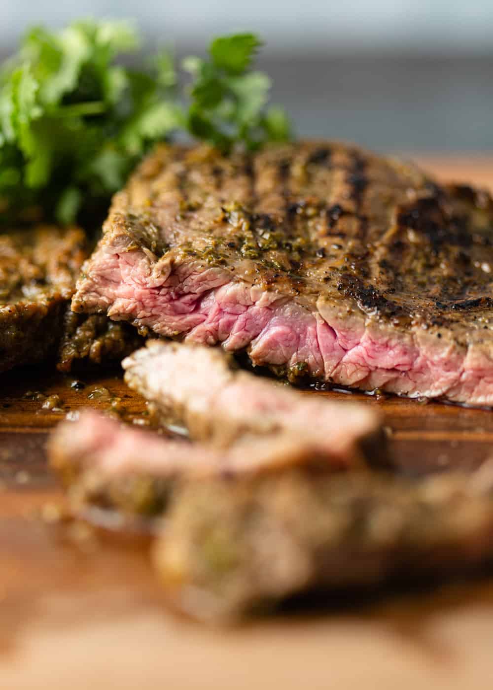 close up of medium rare skirt steak