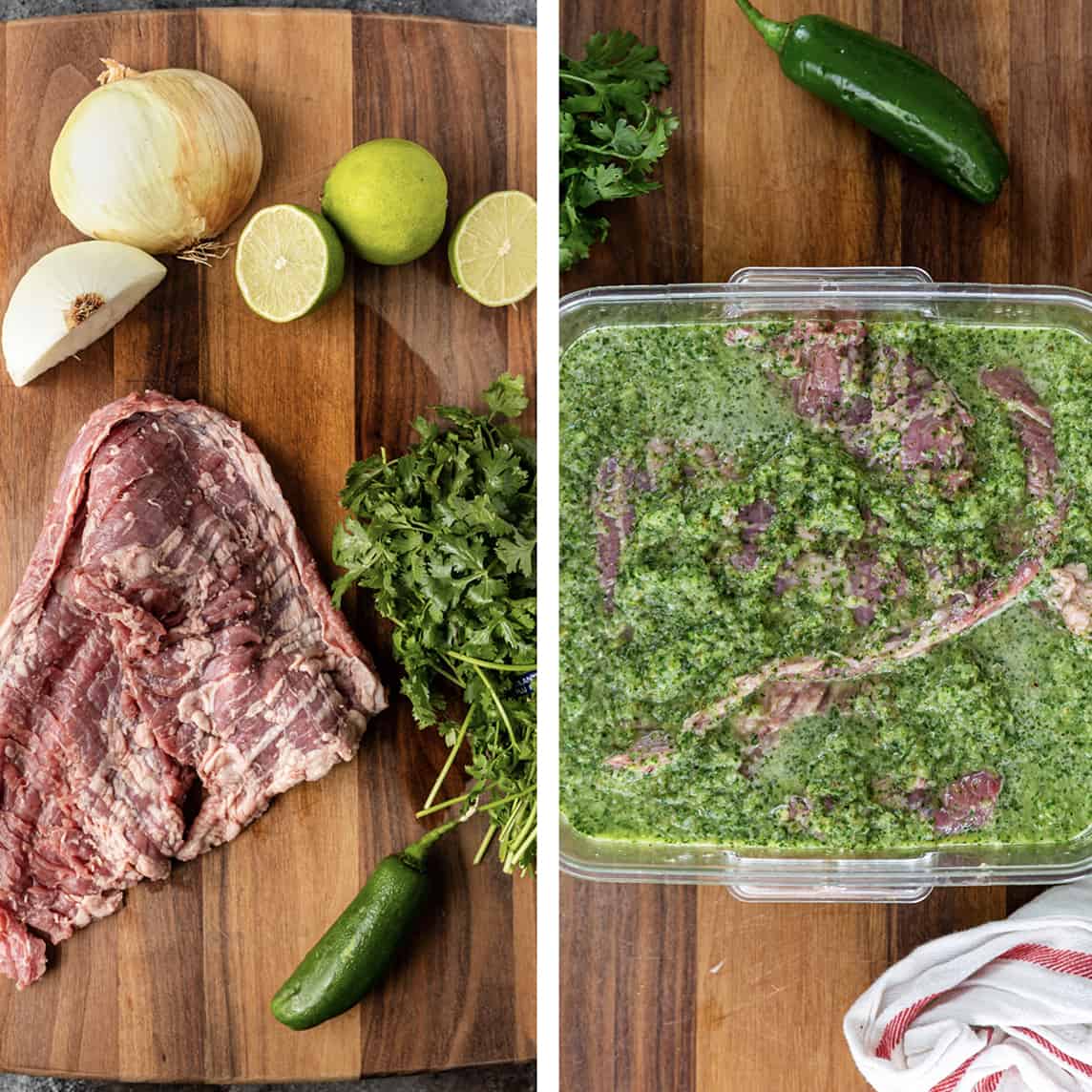 photo collage: on left - raw skirl steak with ingredients to make cilantro lime steak marinade. on right - churrasco steak in marinade