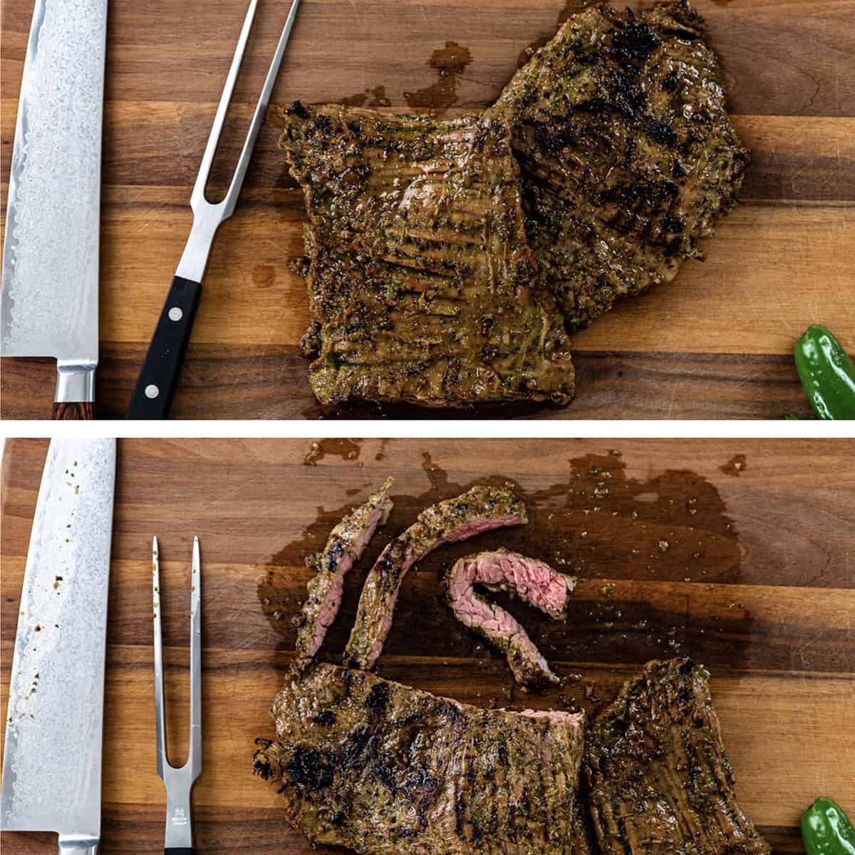 overhead shot of cooked steak sliced against the grain next to chef's knife and carving fork