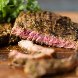 close up of Mexican skirt steak cooked to medium rare