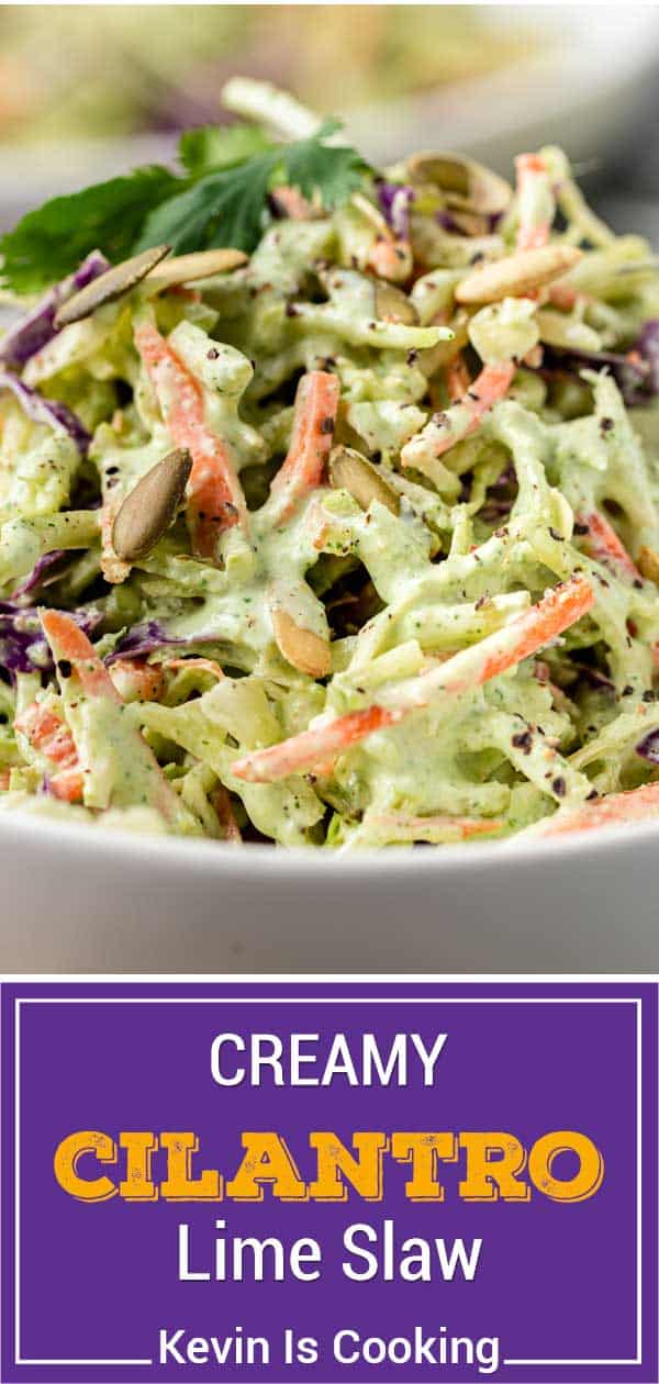 titled image shows closeup of spicy fish taco coleslaw in white serving bowl