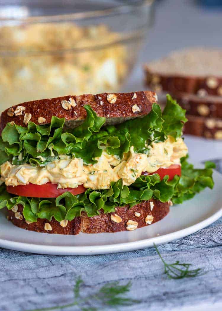 close up of a egg salad sandwich