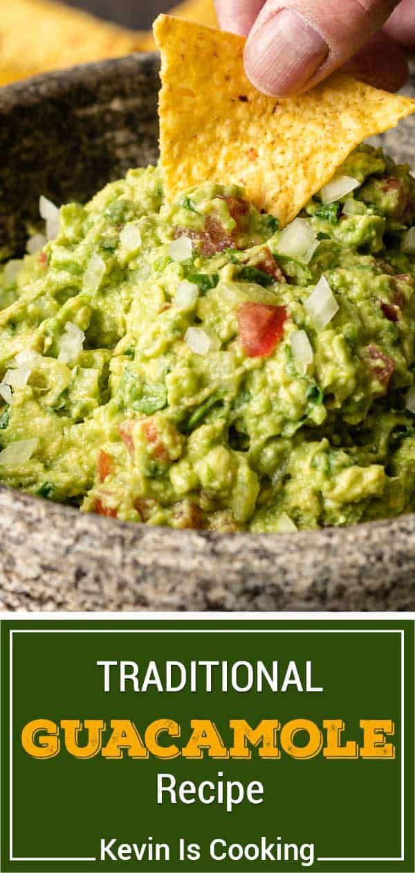 Authentic Guacamole Recipe in a bowl with a chip in it