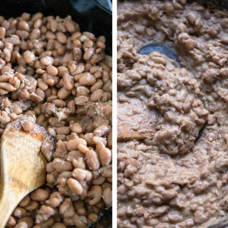 stirring refried beans with a wooden spoon