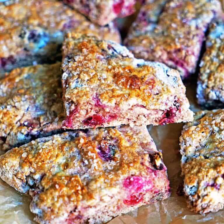 cranberry cherry buttermilk scones with finishing sugar on top