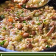 scooping ladle of ham bean soup from crock pot