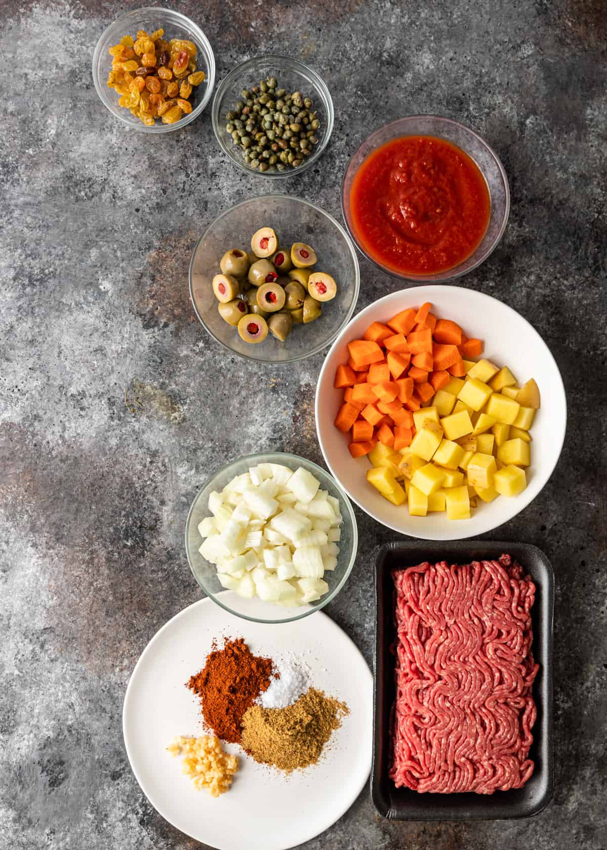 overhead: ingredients for beef picadillo