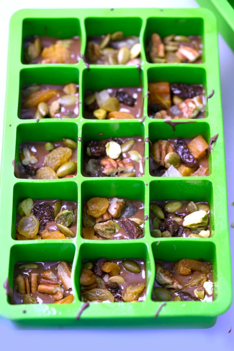 chocolate, fruit and nuts in tray