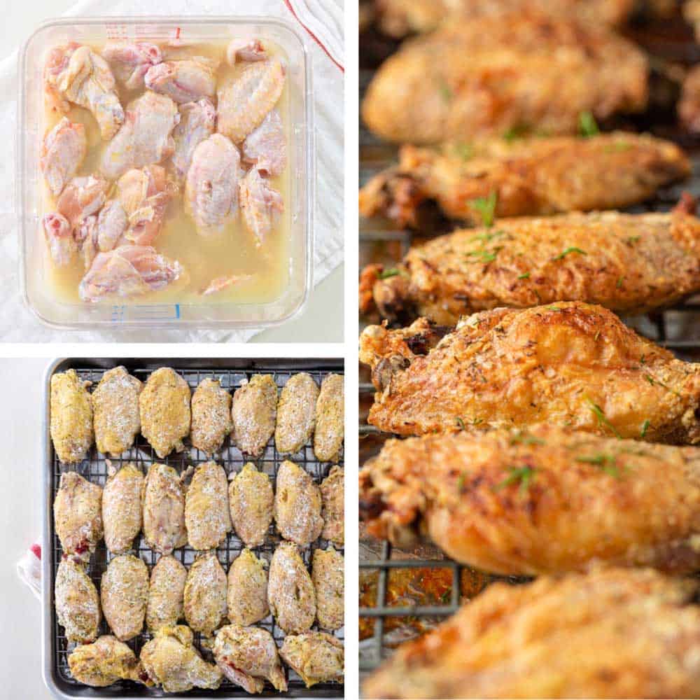 photo collage shows raw chicken wings in pickle juice marinade, on a baking sheet, and baked crispy chicken wings