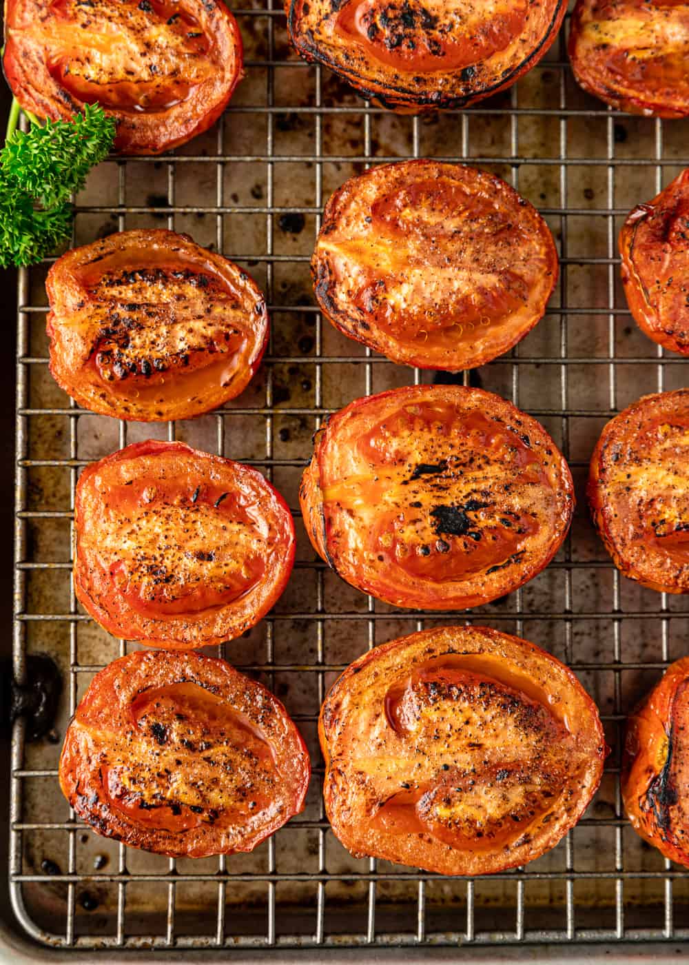 overhead image: fire roasted tomatoes on wire rack