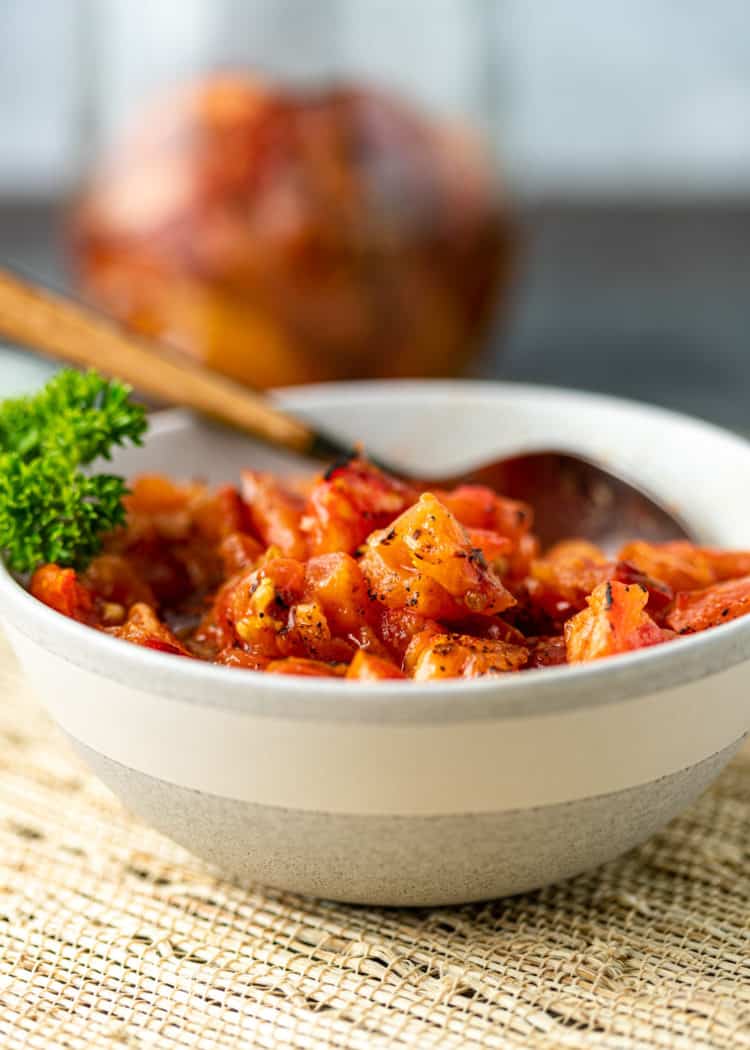 bowl of fire roasted tomatoes for tomato vinaigrette