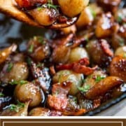 glazed pearl onions with bacon on serving spoon