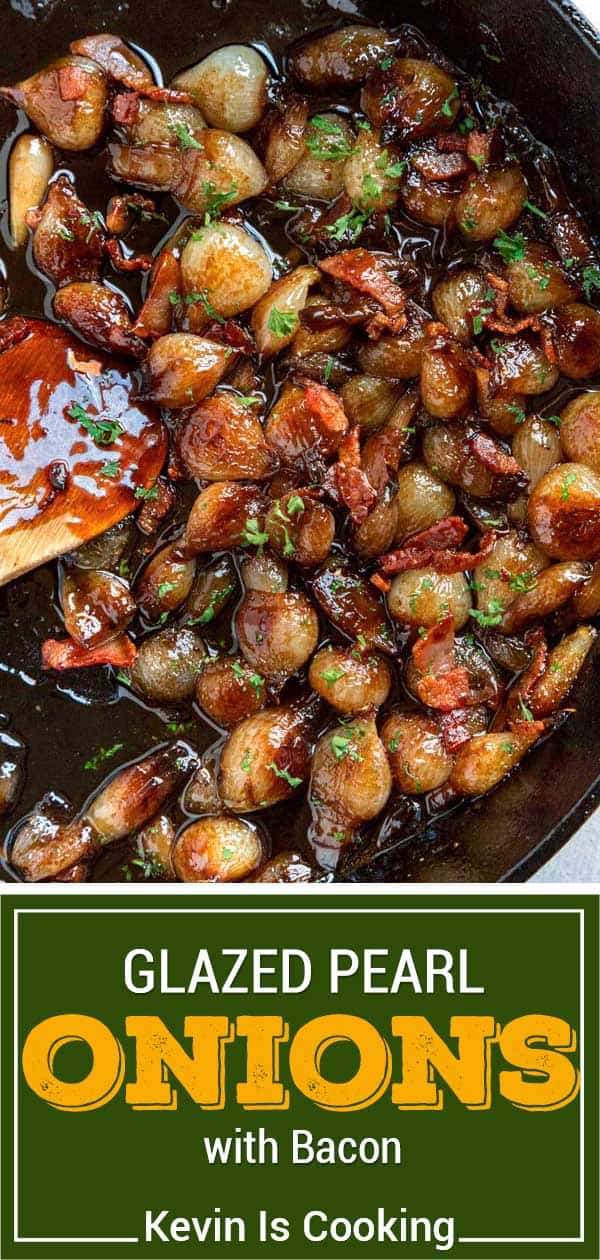 glazed pearl onions in skillet with bacon