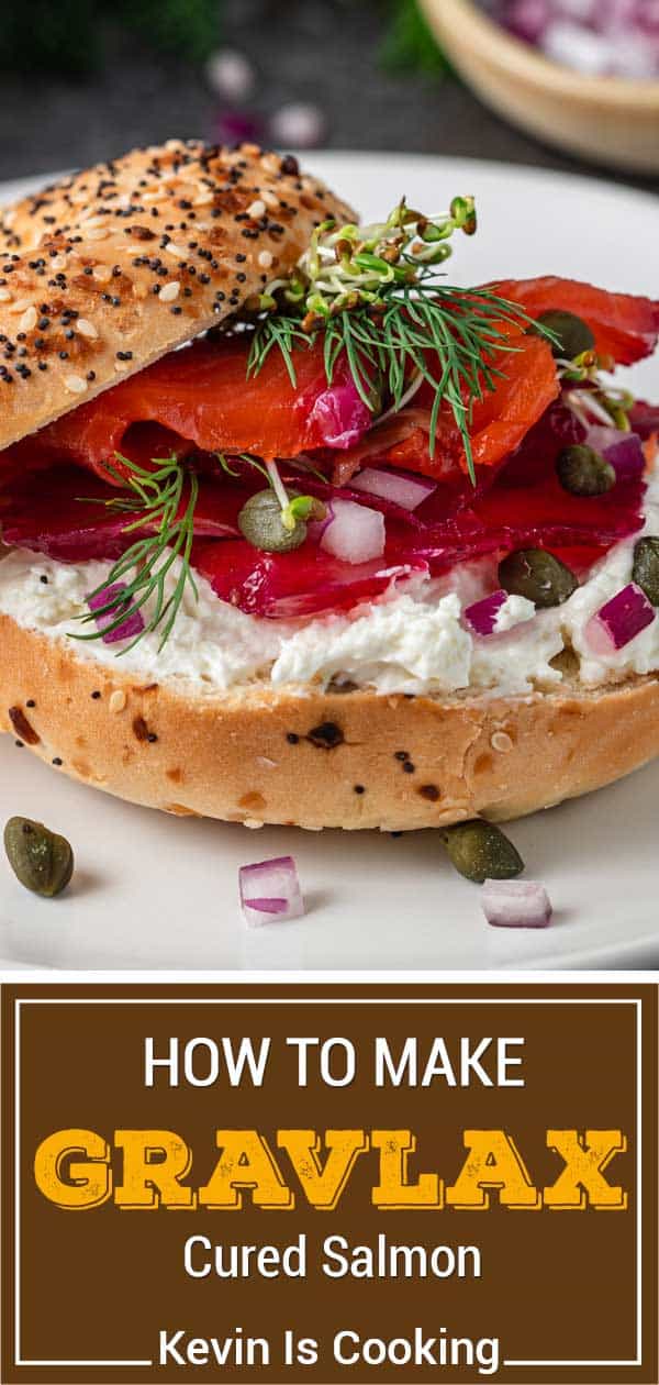 closeup of gravlax on a bagel with herbs