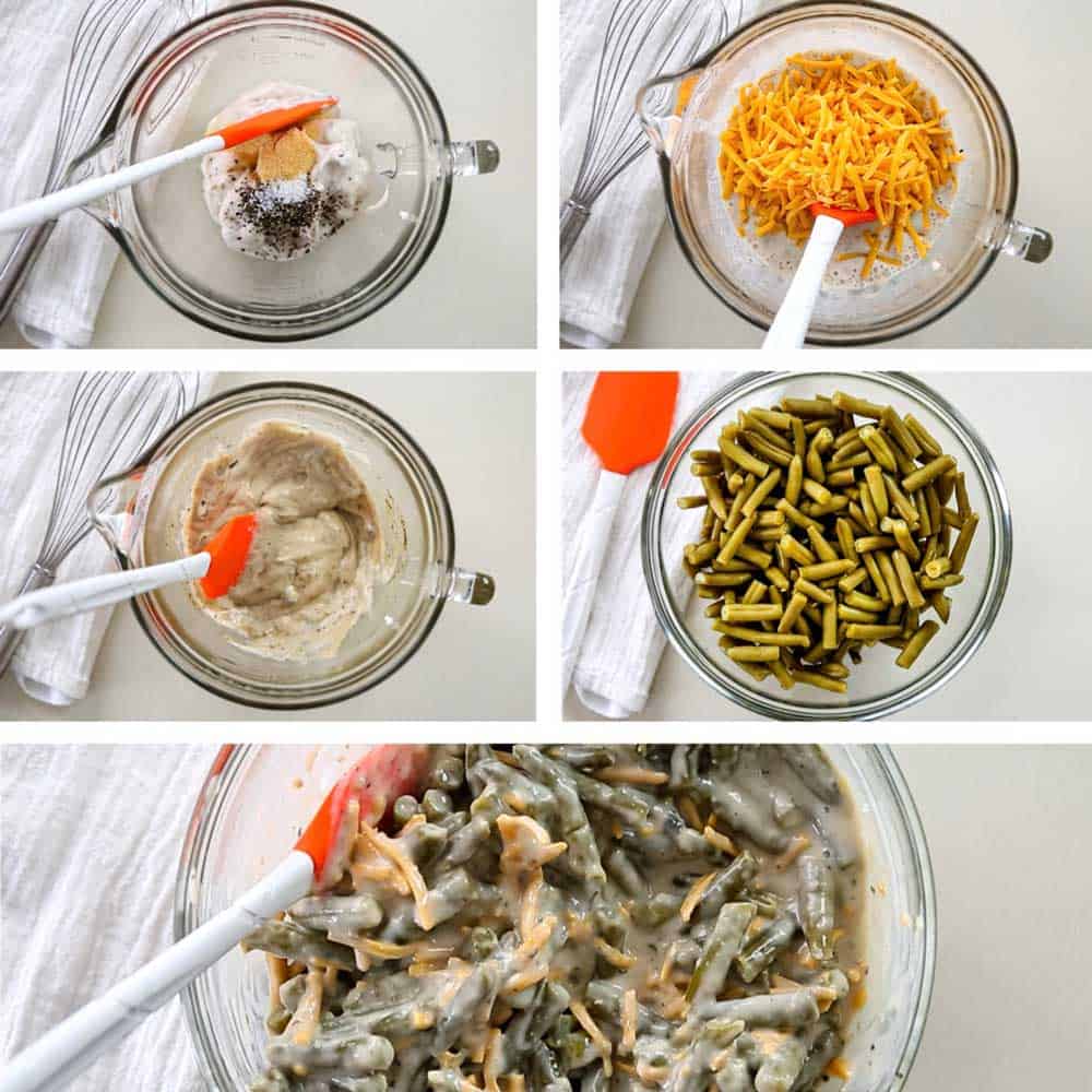 overhead collage: step by step images how to make French's green bean casserole