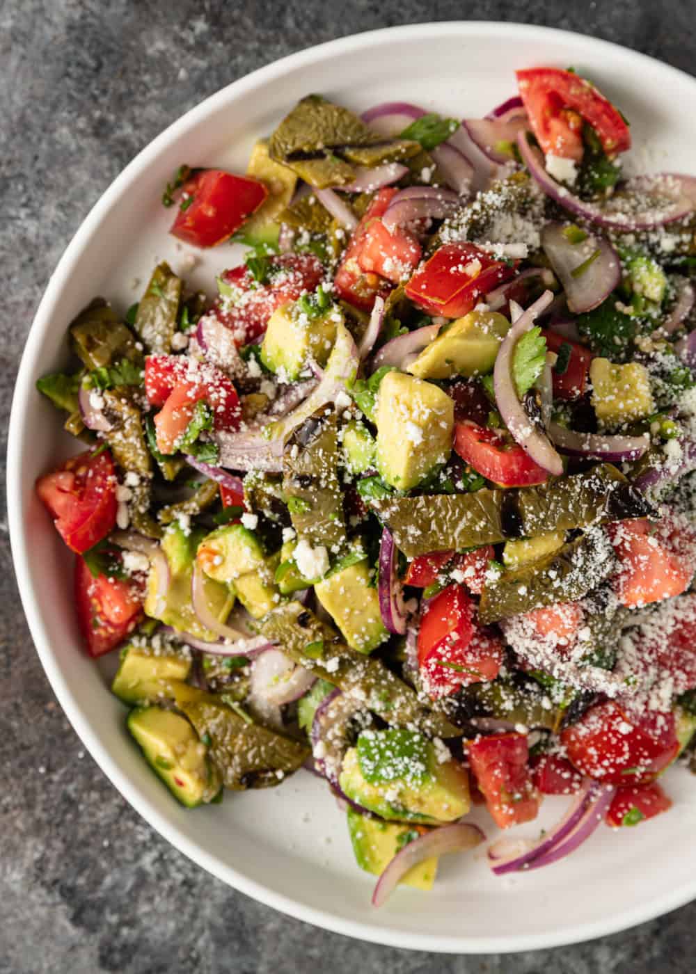 overhead image: grilled Mexican nopales in healthy vegetable salad