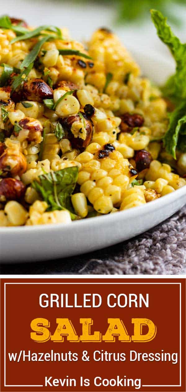 grilled corn and nut salad in white bowl