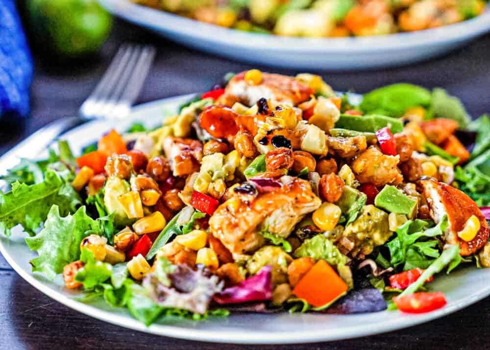 closeup of bbq chicken salad with honey lime dressing