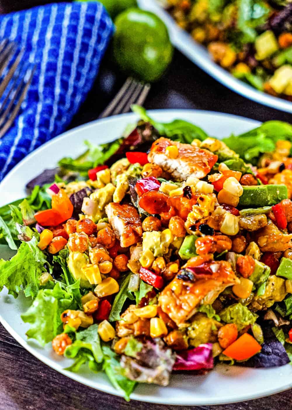 southwest grilled chicken salad on white plate