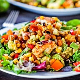 closeup side view of southwest chicken salad on white plate