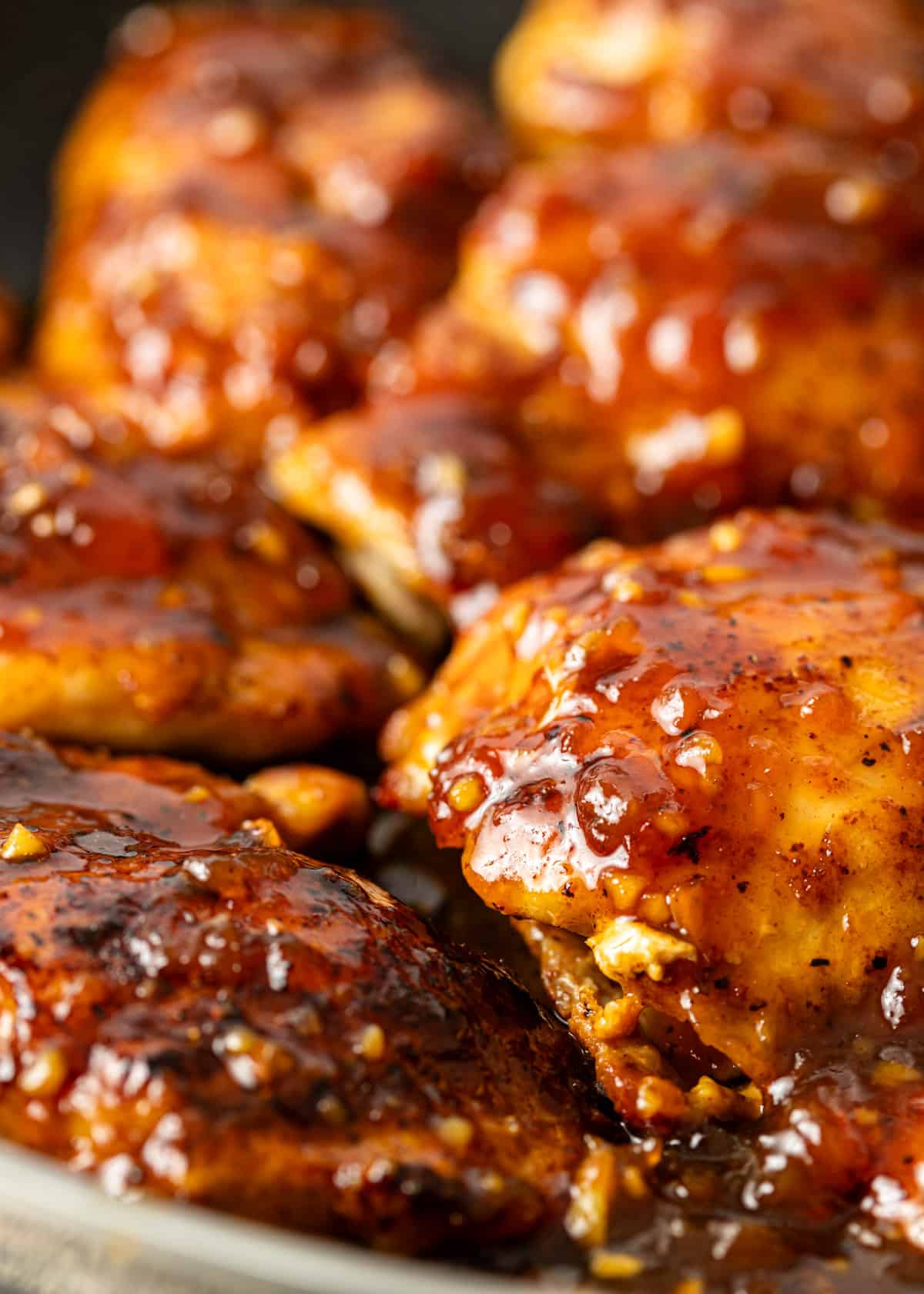 closeup: apricot chicken recipe with a sticky sauce all over