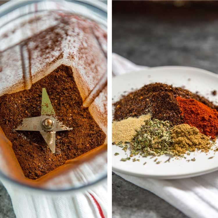 2 photo collage: ground up spices in coffee grinder and several ground spices on white plate